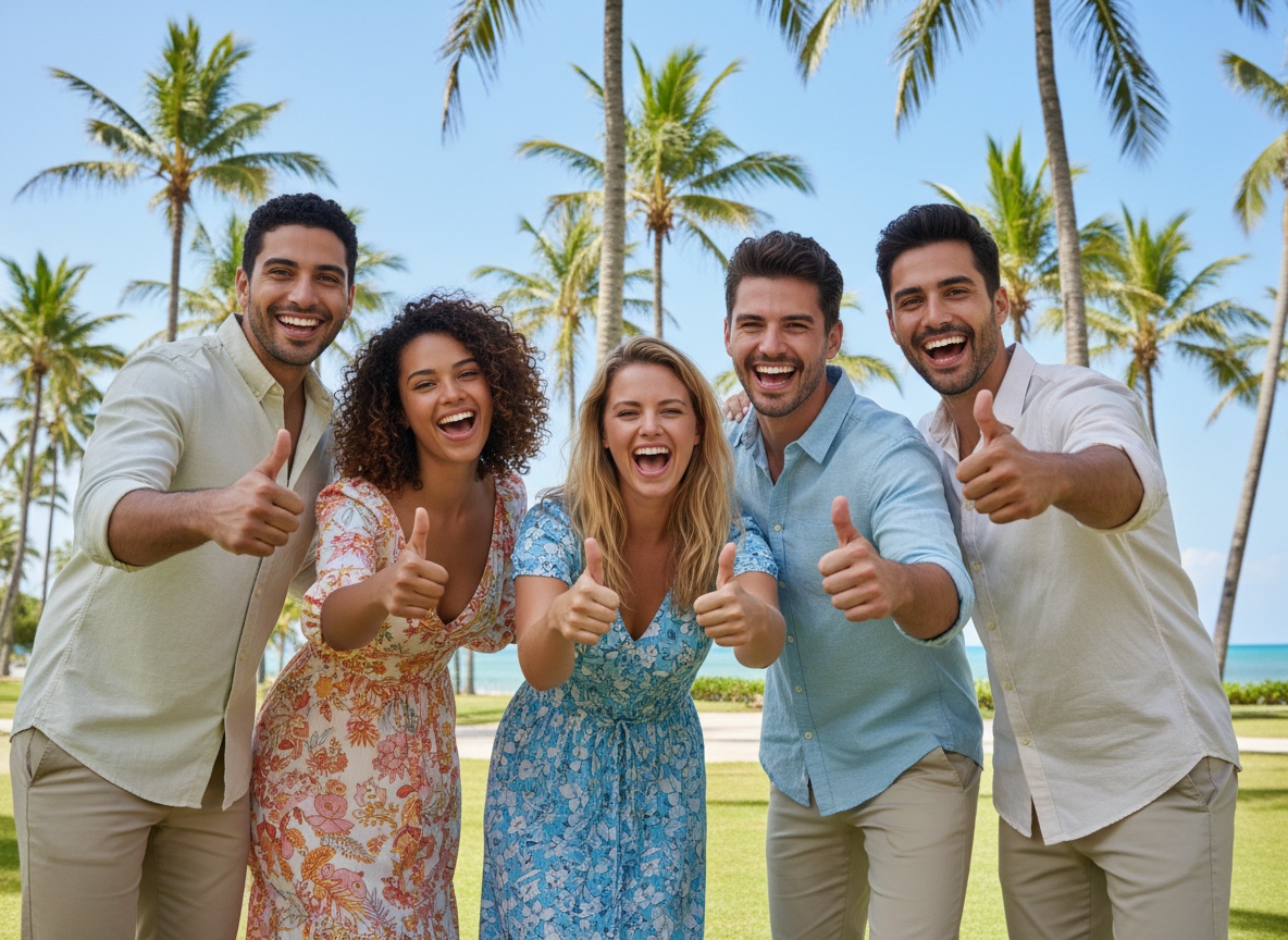 Grupo de viajeros felices en un destino tropical